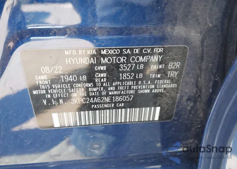 2022 Hyundai Accent Se из США, поврежденный, VIN 3KPC24A62NE186057